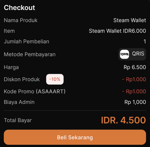Ringkasan checkout pembelian Steam Wallet