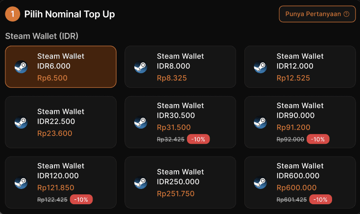 Pilihan nominal top up Steam Wallet