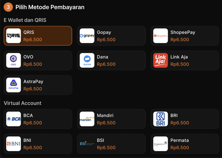 Pilihan metode pembayaran E-Wallet dan Virtual Account